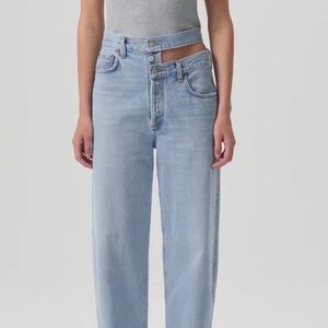 Agolde Broken Waistband Straight Leg Jeans in Light Blue Wash